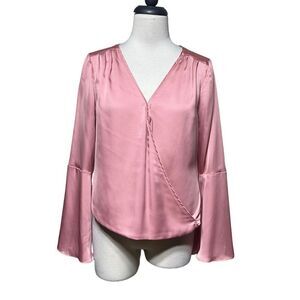 White House Black Market Trumpet Sleeve Pink Silky Blouse Size 4